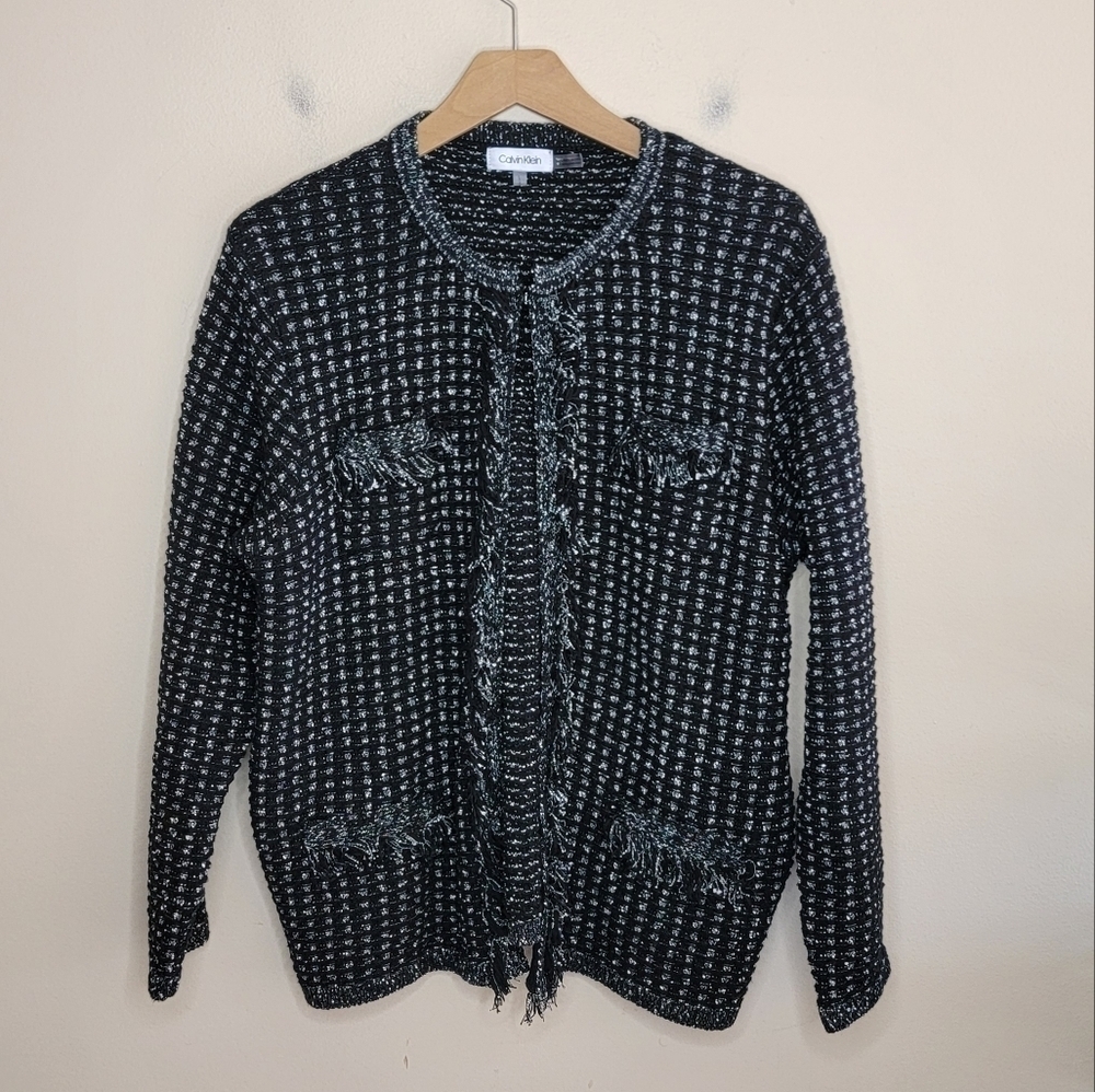 Calvin Klein Black Textured Lady Jacket Sweater with Fringe Trim Size Large